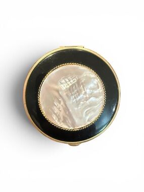 Vintage Black Enamel & Mother of Pearl Compact Powder Case Vanity Compact